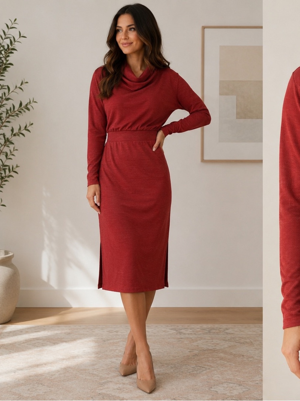 Rachel Zoe Rib Knit Cowl Neck Midi Dress Red Long Sleeve Size Small